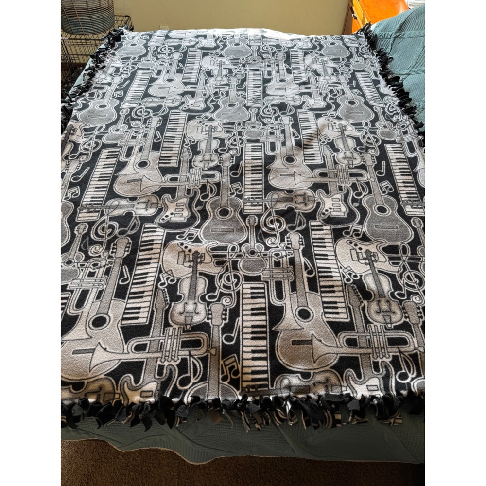Handmade Musical Instrument Fleece Tie Blanket Gray Black White Throw